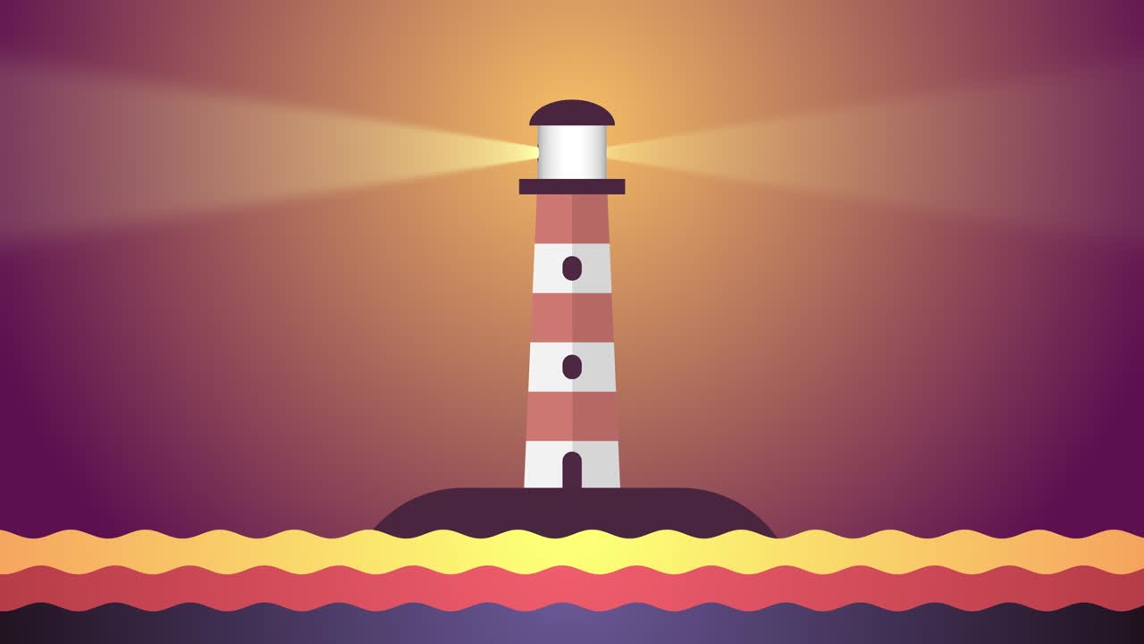 el faro costero en una pequeña isla ilumina el mar y navega los barcos con seguridad. símbolo de búsqueda de soluciones seguras. hermosos colores de la puesta de sol. fondo de movimiento de bucle infinito.