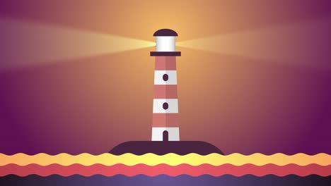 the coastal lighthouse on a small island illuminates the sea and navigates ships safely. safe solution search symbol. beautiful colors of the sunset. infinite loop motion background.