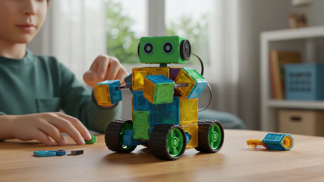 A Young Innovator Constructs a Colorful Robotic Toy Using Magnetic Building Blocks to Explore Creativity and Enjoy Interactive Playtime