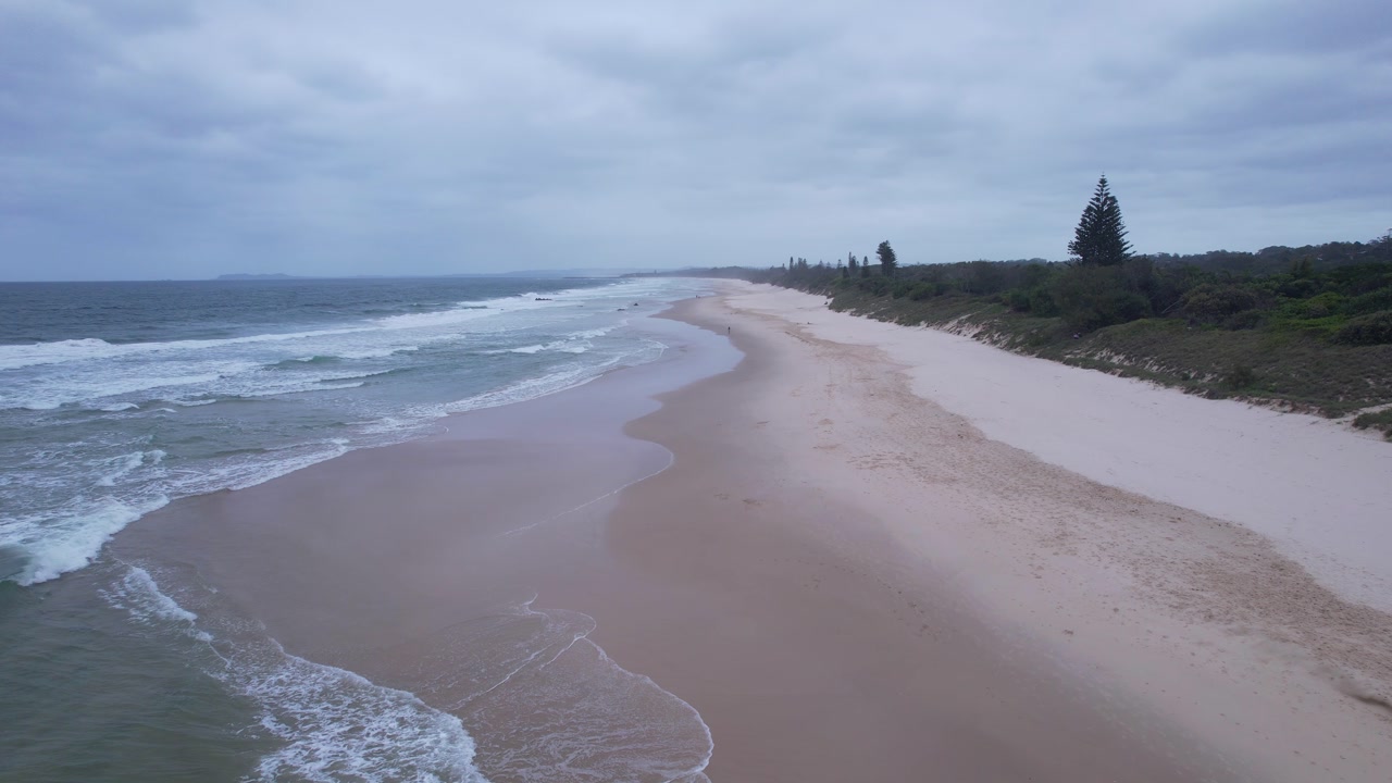 White Sand Shore And Ocean Waves In South Golden Beach, NSW, Australia - Drone Shot