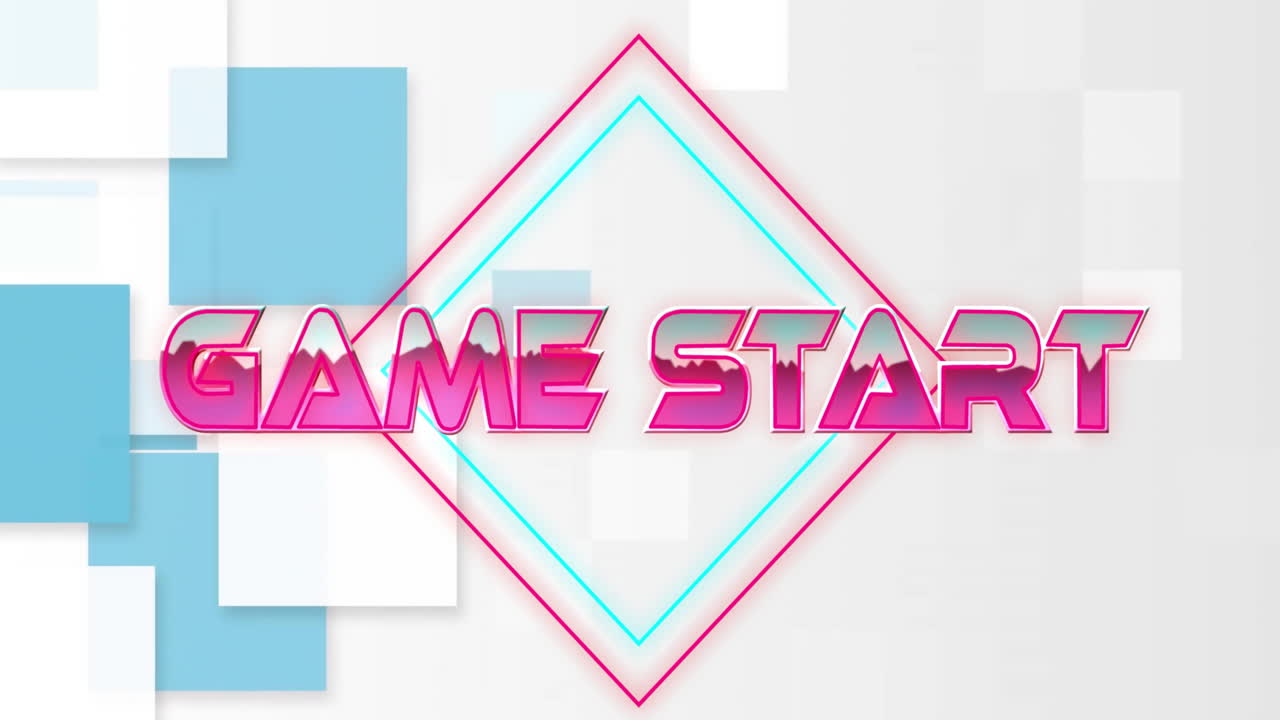 Glitching GAME START text floating over neon diamond shapes, highlighting translucent square grid
