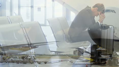 airplane flying against stressed businessman sitting in airport lounge