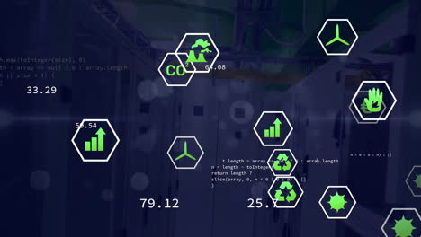 animación del procesamiento de datos con iconos sobre la sala del servidor