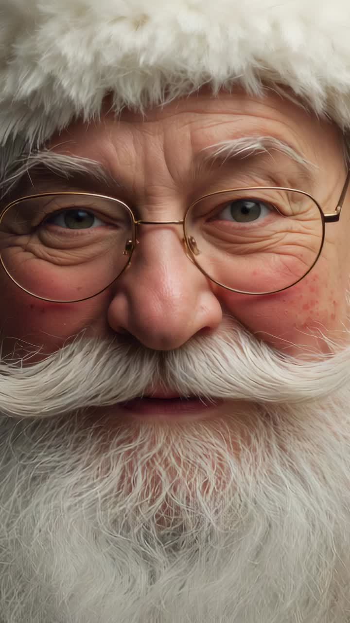 Vertical video: Reacting to camera start, senior Santa smiling, blinking in close-up with hat brim