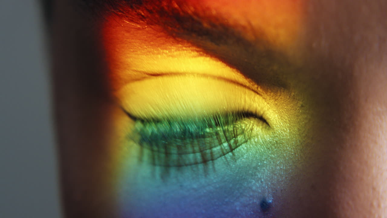 ojo de mujer de cerca hermosa luz del arco iris que refleja la vista multicolor macro concepto lgbt