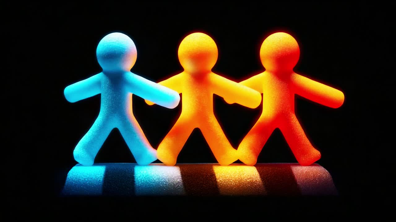 Colorful Abstract Figurines Representing Friendship and Togetherness in a Dynamic Composition, Showcasing Movement and Connectivity Through Vibrant Lighting and Playful Design Elements