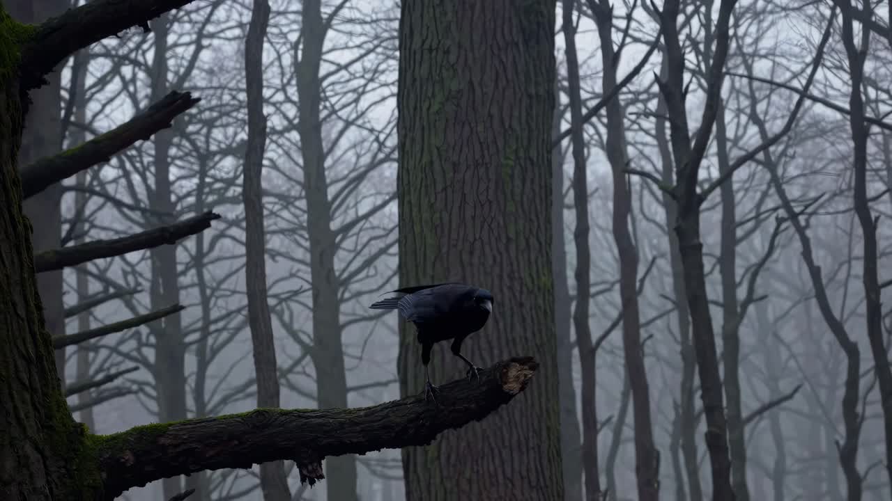 Eerie forest scene with tall, bare trees in fog. Low-angle video captures the mysterious, moody