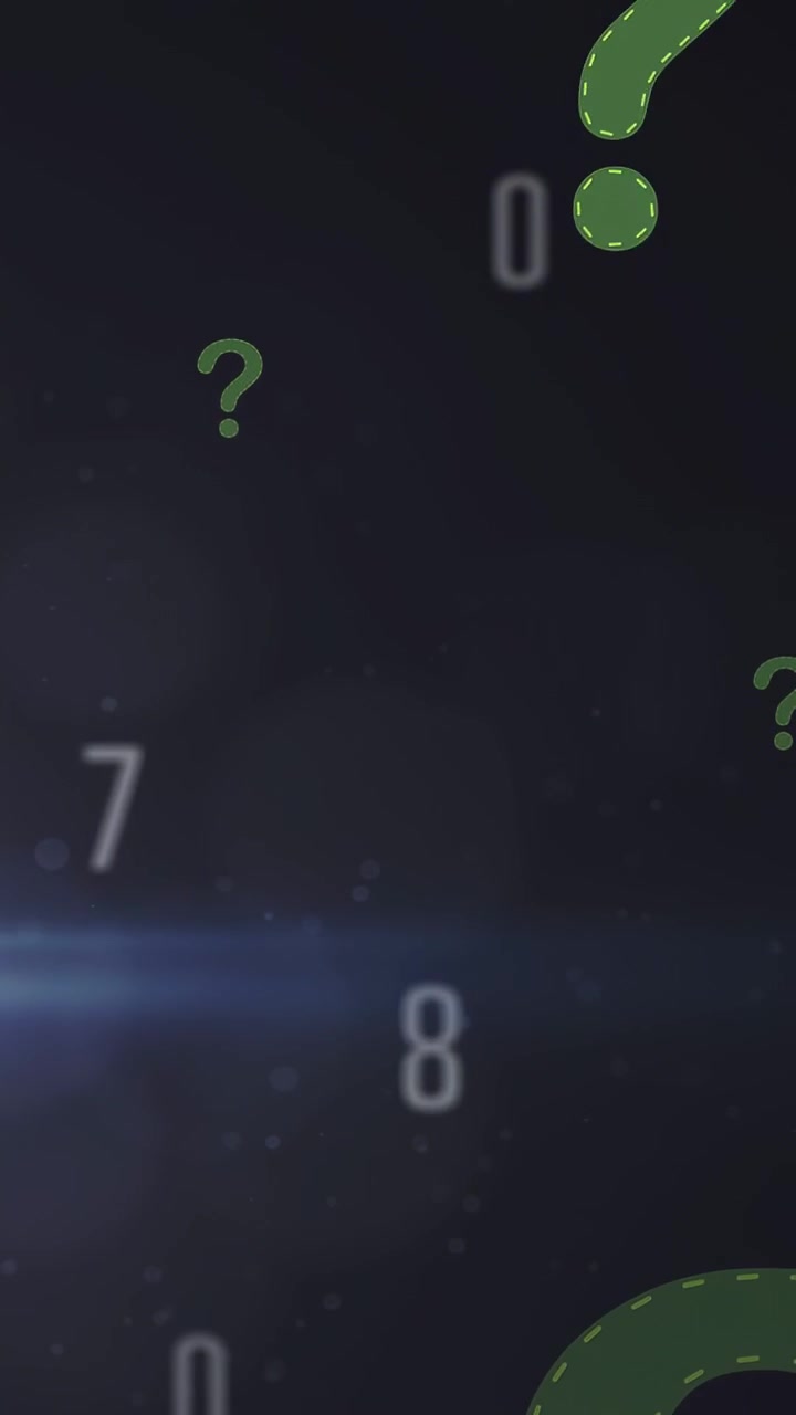 Vertical video: Pale digits rising, urging green question mark entering and floating, showing doubt