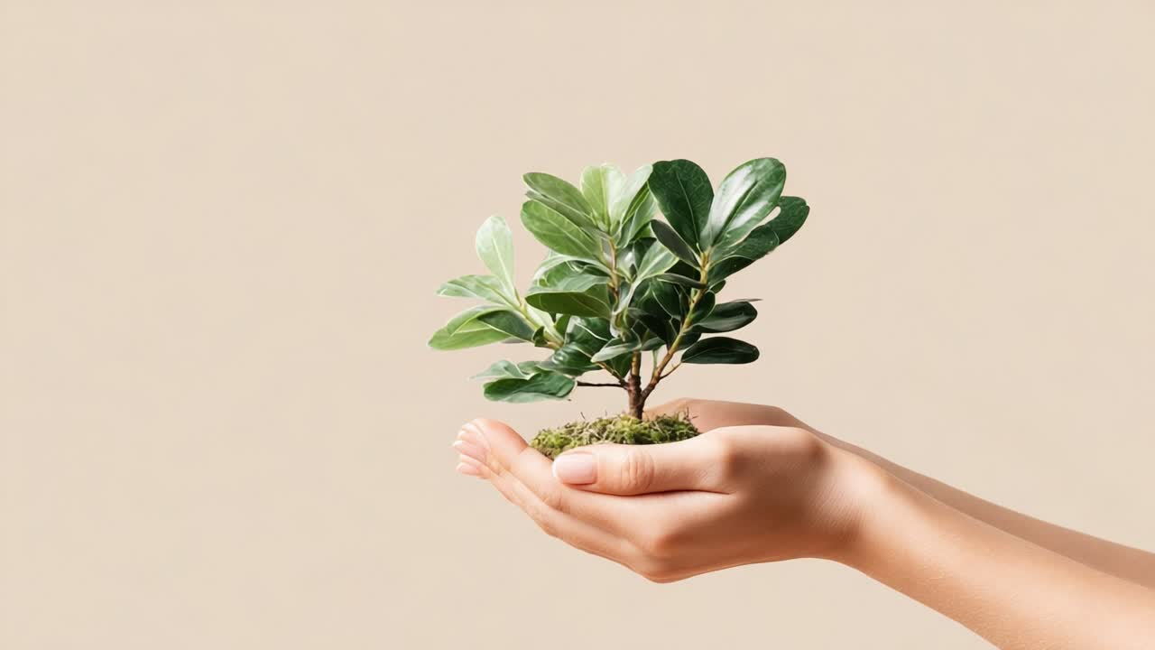 Embracing Nature: A Hand Supporting a Tender Green Plant Symbolizing Growth and Sustainability Against a Soft Background