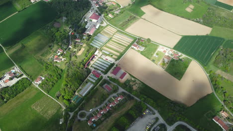 aerial view of rural landscape with agricultural fields and houses