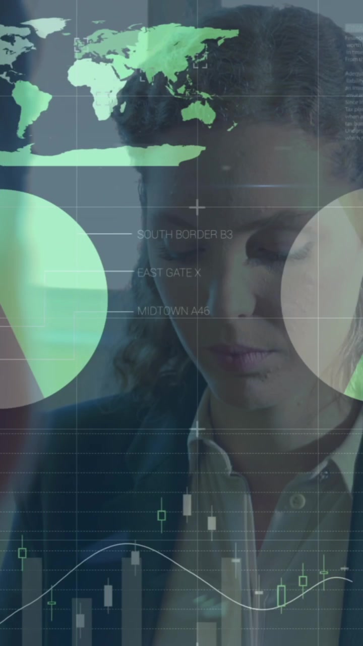 Statistical data processing against caucasian businesswoman working at office