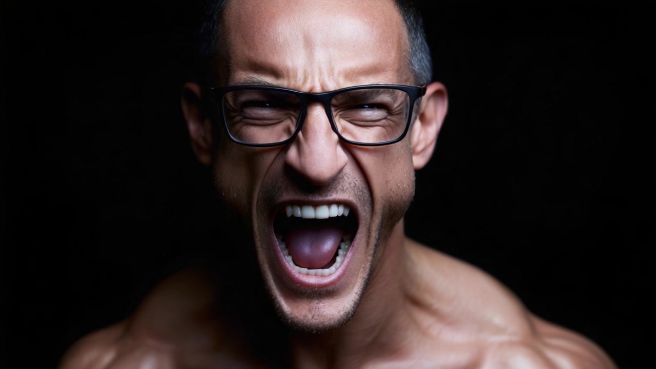 Intense Emotional Transformation: A Close-Up Journey from Raw Anger to Grinning Determination Captured in Powerful Frames