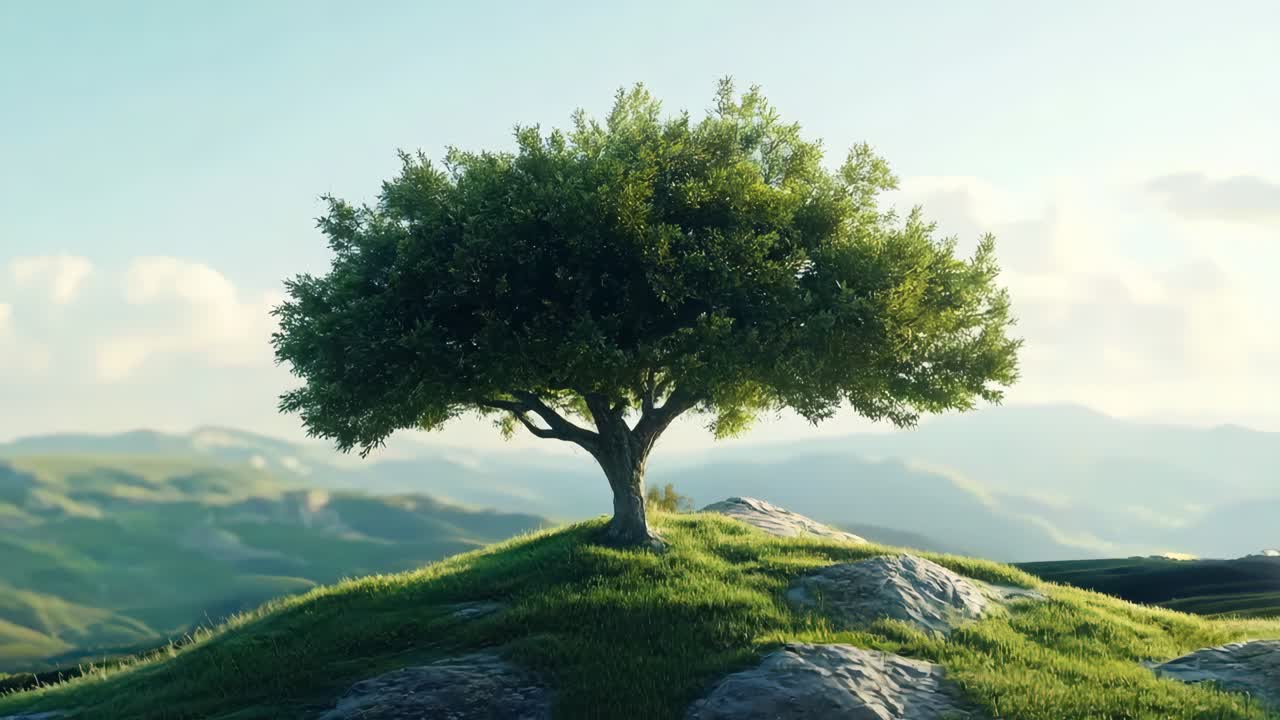 A lone tree on top of a grassy hill with mountains in the background