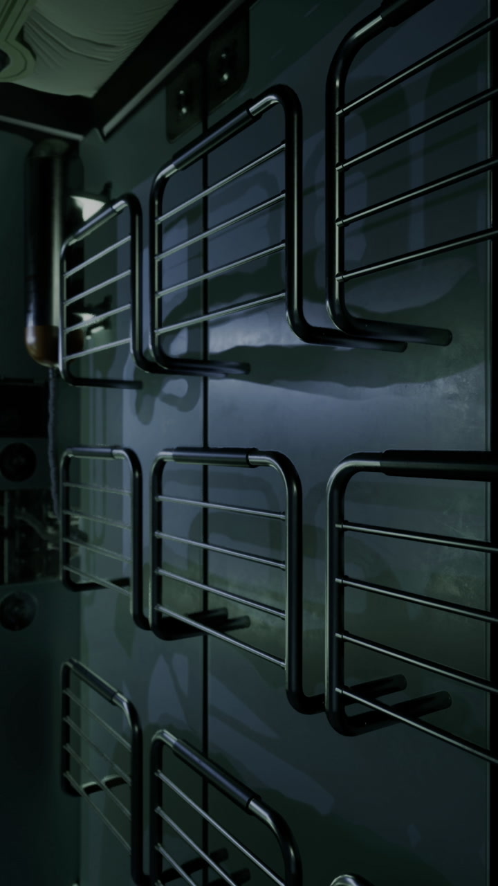 Interior of a futuristic spacecraft with storage compartments visible