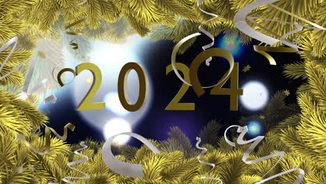 animation of 2024 text , party streamers and gold fir tree branches on black background