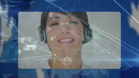 animación de la red de conexiones y el mundo sobre la gente de negocios usando auriculares de teléfono