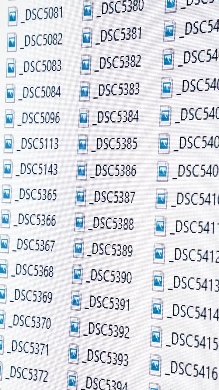 Large amount of image files on computer screen. Close up