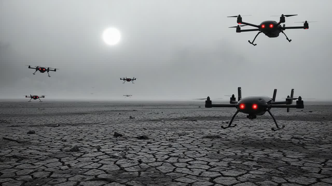 Aerial Drones in a Dystopian Landscape: A Haunting Sight with Eerie Red Lights Against a Foggy Background and Dry Terrain Under a Pale Sun