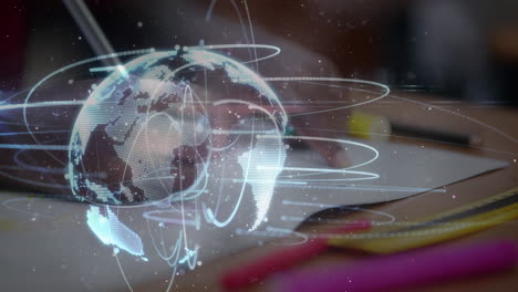 animation of globe of network of connections over school child writing