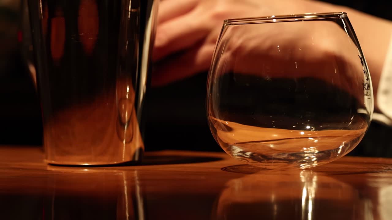 Close-up of hands arranging a glass and shaker on a polished wooden bar surface.