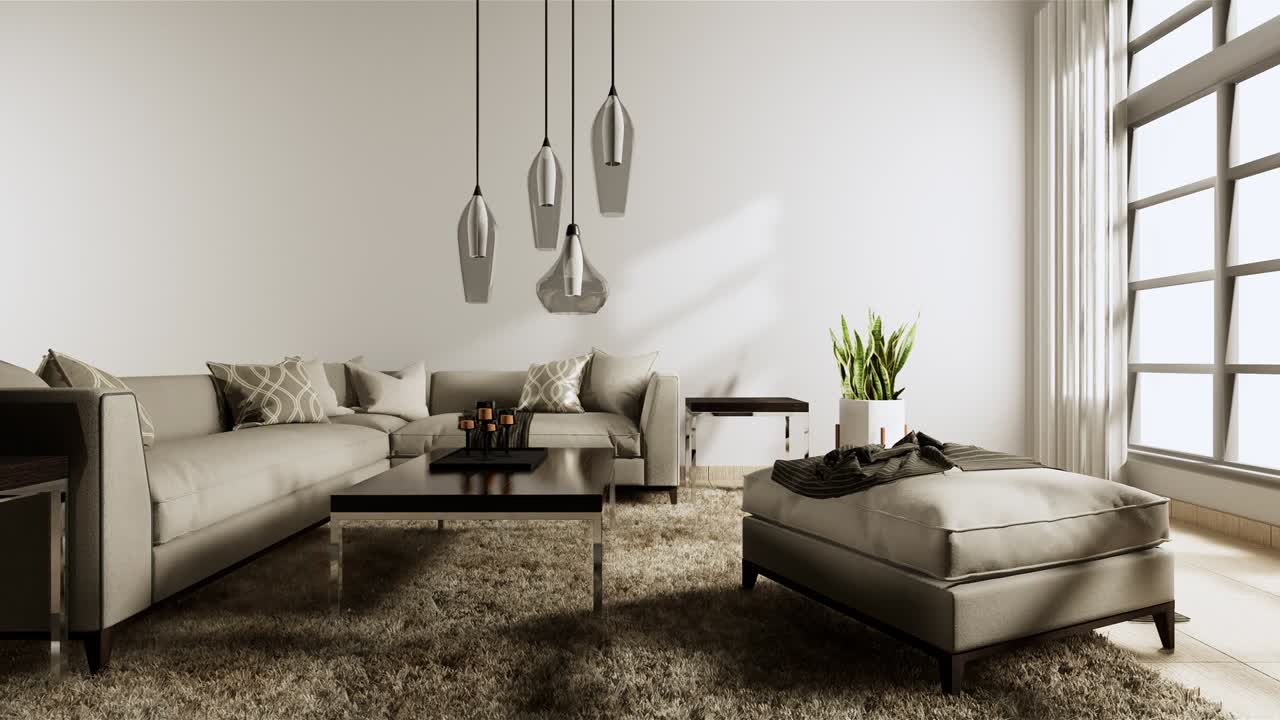 sala de estar estilo moderno con pared blanca en el suelo de madera y sofá sillón en la alfombra.3d renderización