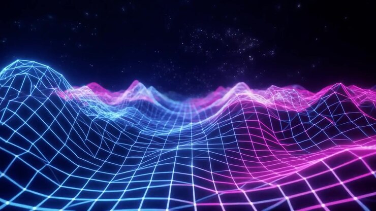 Abstract Neon Grid Landscape with Glowing Pink and Blue Waves