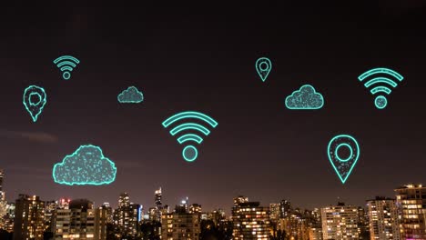 animación de nubes digitales e iconos que vuelan sobre el paisaje urbano