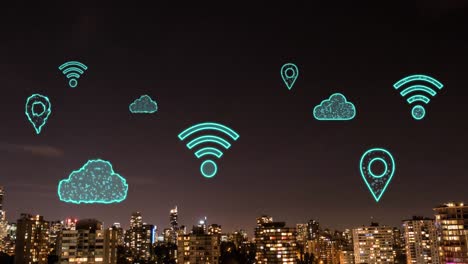 animation of digital clouds and icons flying over cityscape