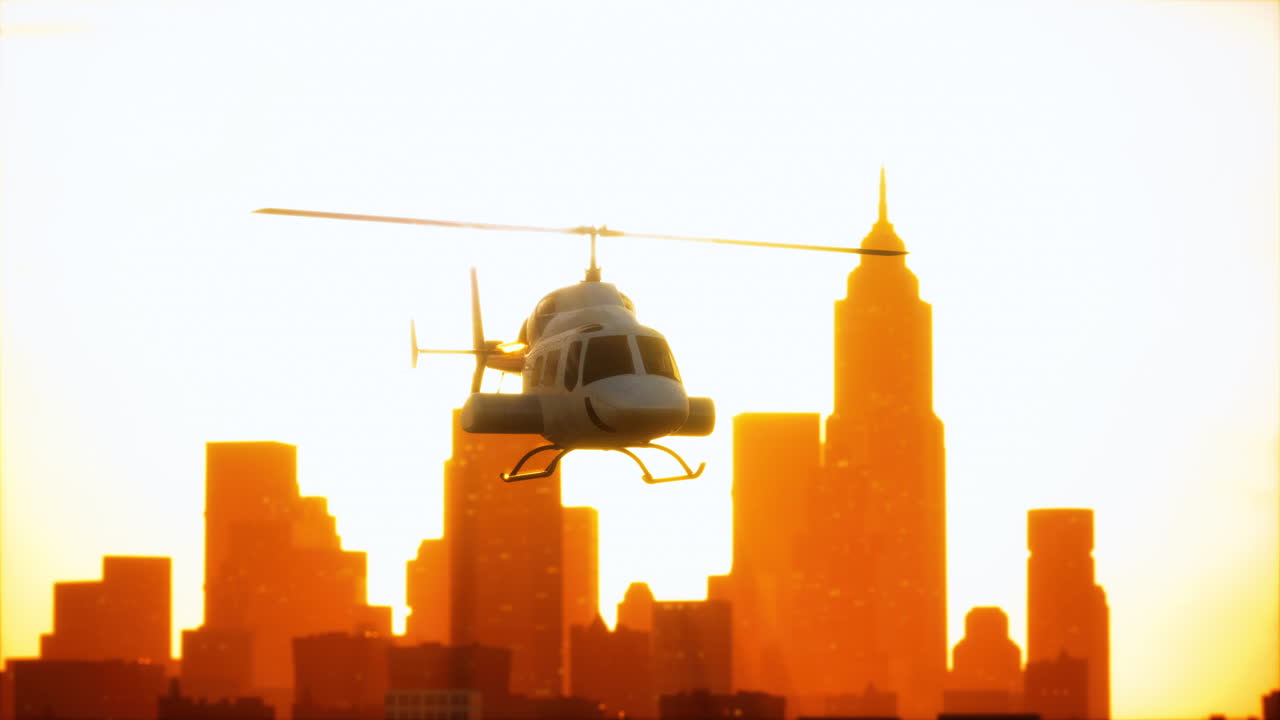 helicóptero de silueta en el fondo de la ciudad