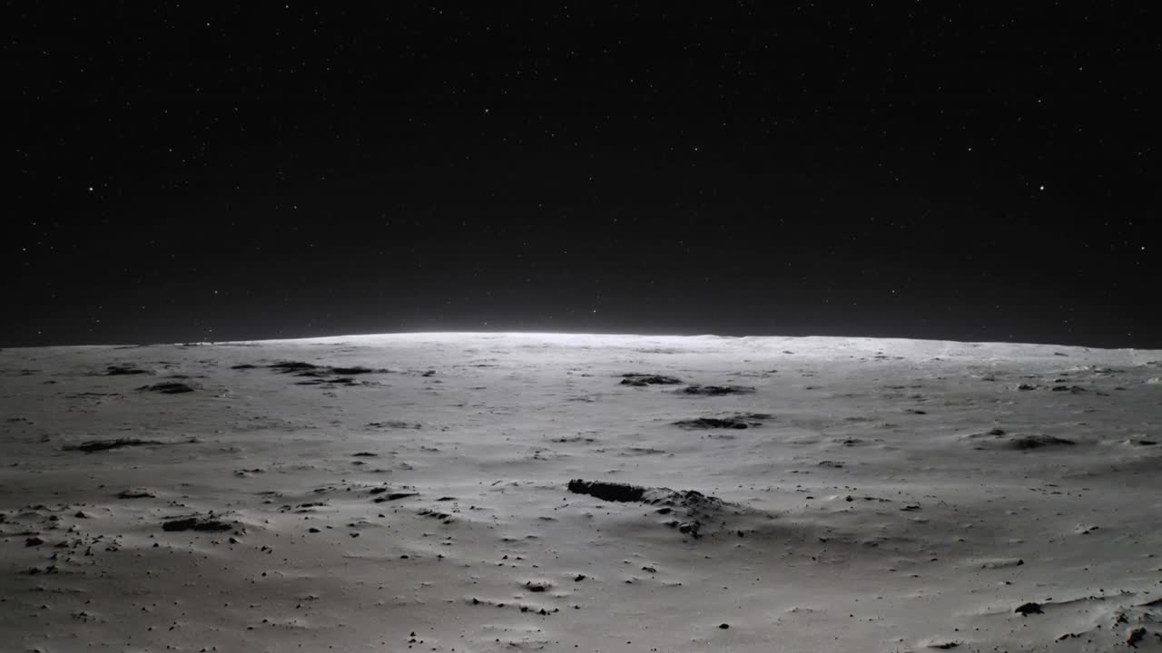 クレーターだらけの平原を地平線に向かってスライドするローアングルカメラが、岩、尾根、星を明らかにしている。