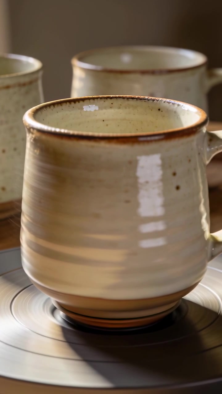 Vertical video: Turning platform holding brown-rim beige mug on table revealing bands amid two mugs