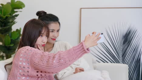 two attractive young girls surfing internet or selfie with smartphone sitting on the sofa at home