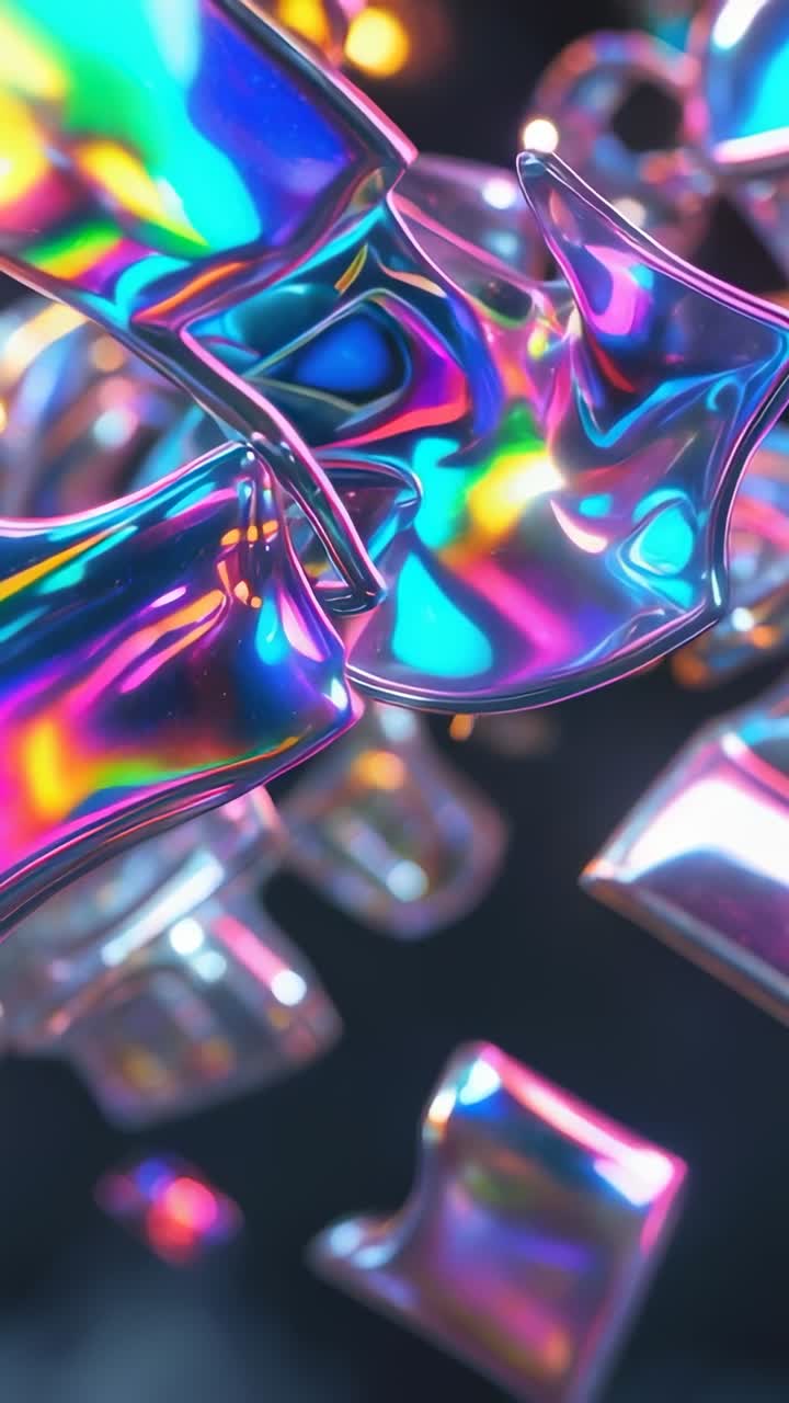 Video verticale: nastro piegato rotante che reagisce alla luce che cambia in uno studio 3D, frammenti fluttuanti