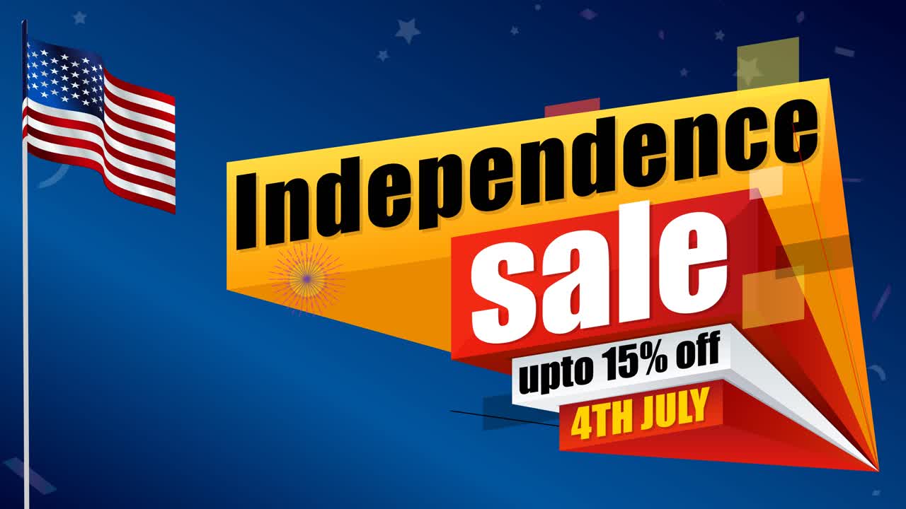 Saludos del 4 de julio con 15% de descuento en una tienda con bandera estadounidense y fuegos artificiales