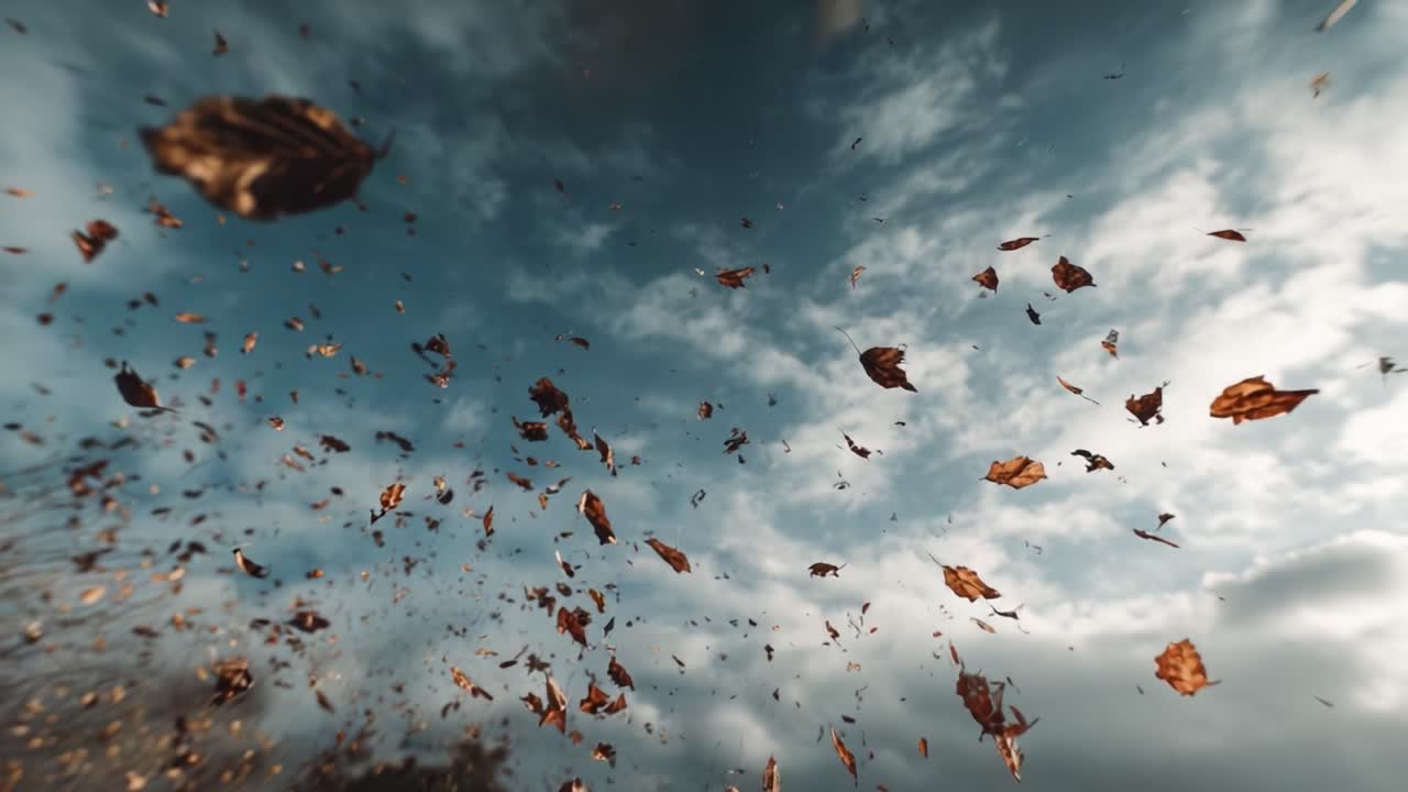 A Dynamic Display of Autumn Leaves Whirling in the Wind Beneath a Dramatic Sky, Capturing the Essence of Nature's Turbulence and Beauty