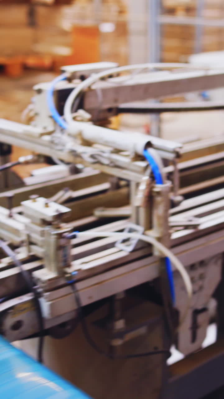 Robotic equipment on a factory. Metal construction of automated technologies inside the industrial plant. Conveyor line at working process. Vertical video