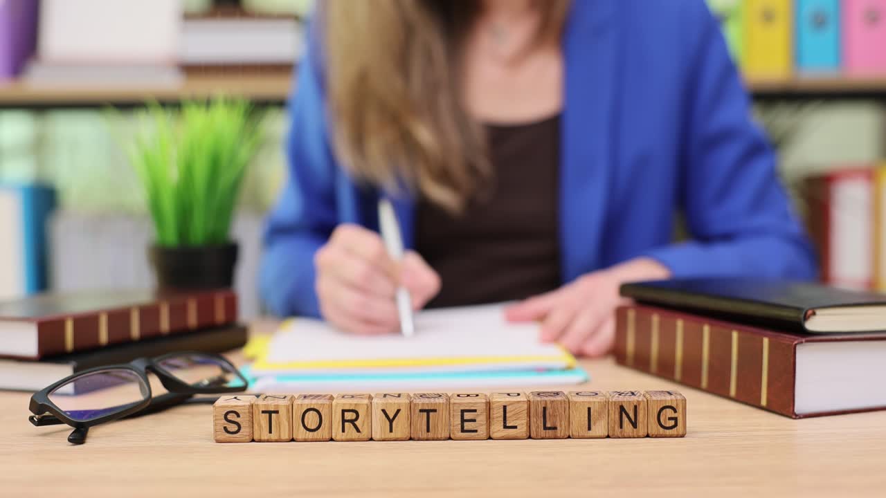 Storytelling concept with a woman writing