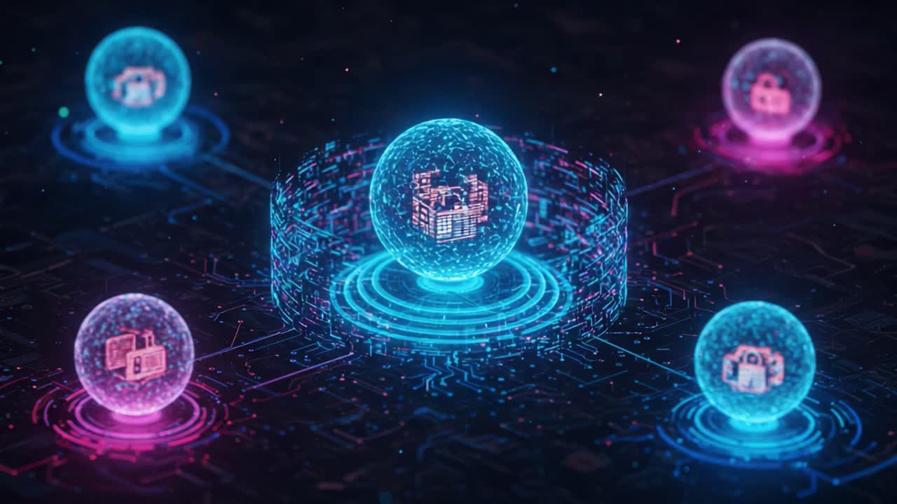 Digital spheres interconnected with glowing lines represent a futuristic network of data nodes, showcasing data security and technology in a vibrant cyber environment