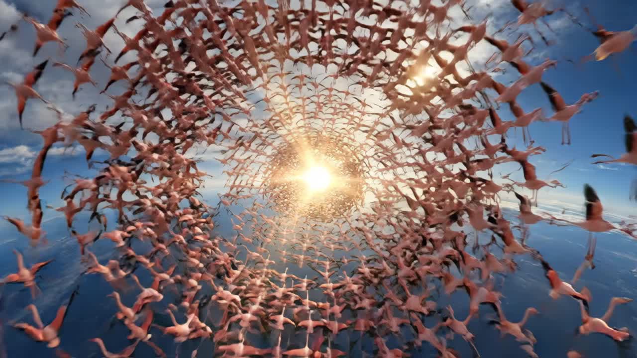 Flock of Flamingos Flying in a Spiral Formation Towards the Sun