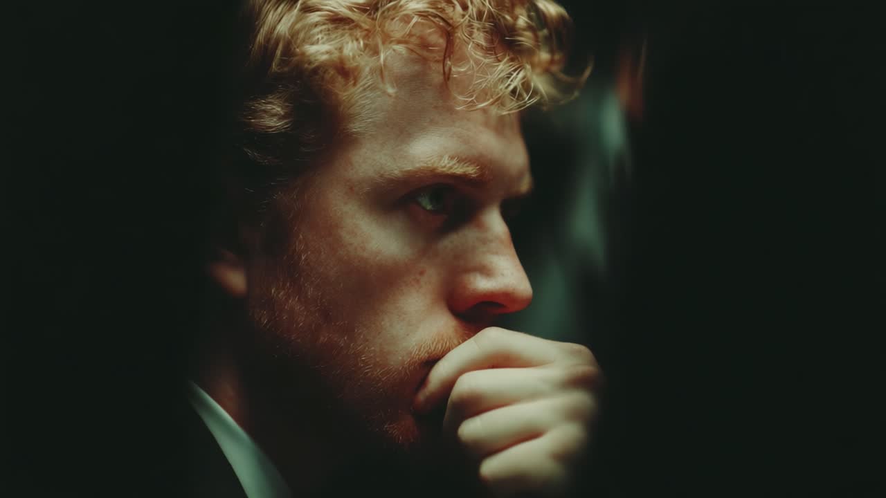 A Tense Moment: An Introspective Profile of a Pensive Man Deep in Thought with a Mysterious and Dark Surrounding