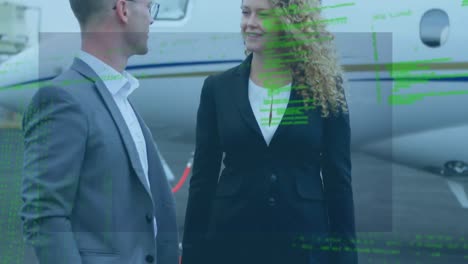 animation of data processing over caucasian businessmen and businesswoman talking at an airport