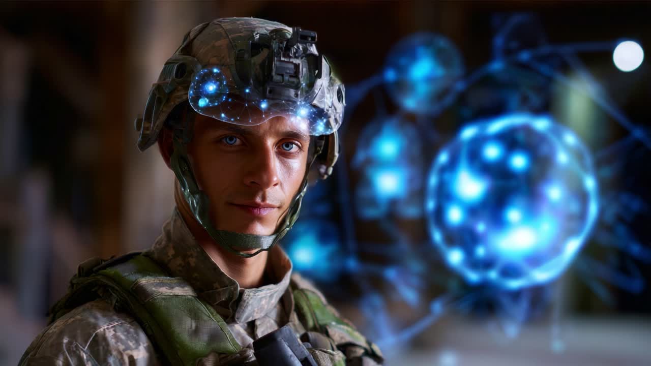 Pokročilá technologie pro vojáky: Bojovník připravený na budoucnost integrující vylepšená vizuální rozhraní a futuristická rozhraní pro lepší situační povědomí a výkon na bojišti