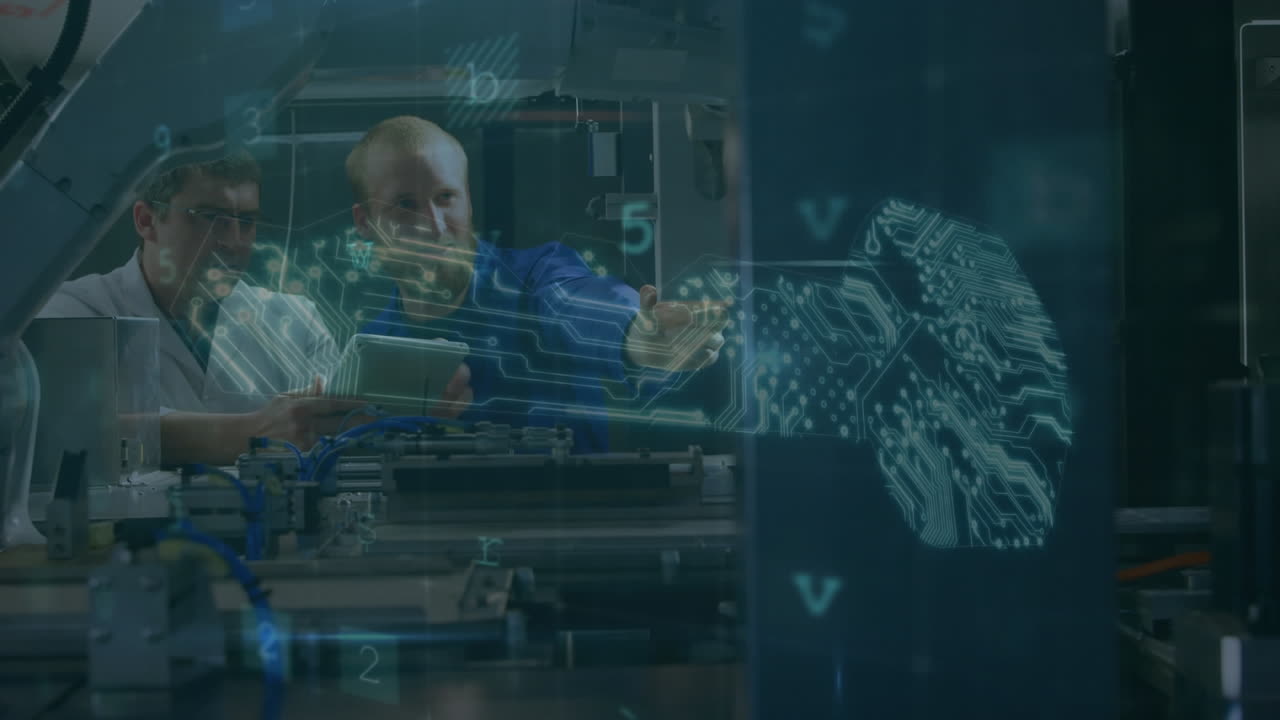 Animation of cyber attack warning over scientists using tablet