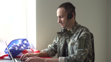 writing note showing veterans day. business photo showcasing a public holiday to honour us veterans and victims of all wars man with laptop smartphone and office supplies technology.