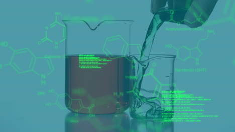 animación del procesamiento de datos médicos en la sección media del científico vertiendo productos químicos en un vaso.