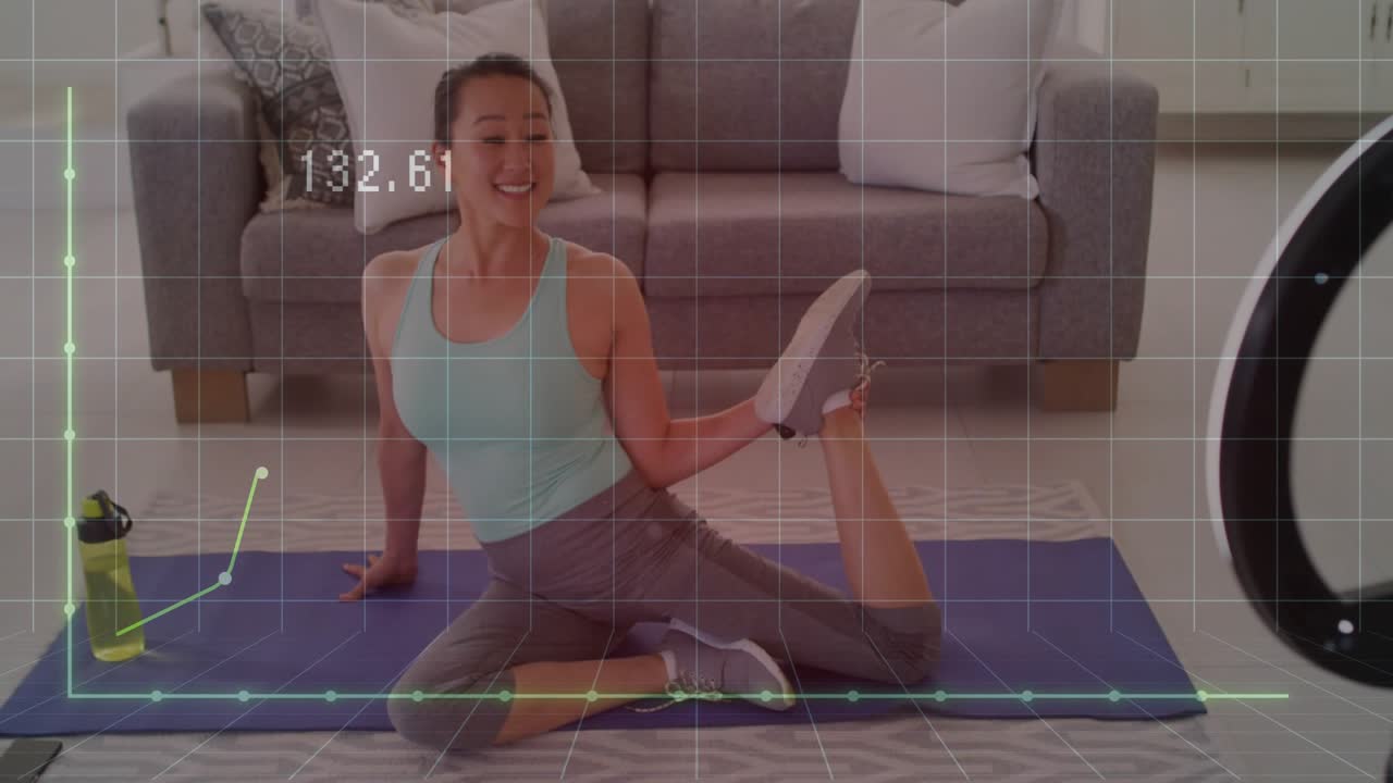 Mid-adult woman starting routine, holding quad stretch on mat for fitness with HUD metrics rising