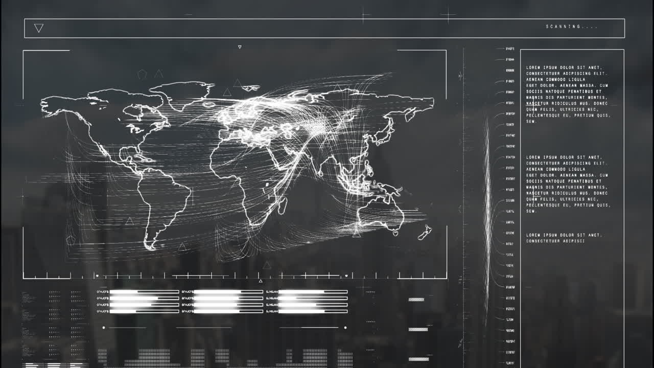 animación de la interfaz con el procesamiento de datos sobre el mapa del mundo contra la vista aérea del paisaje urbano