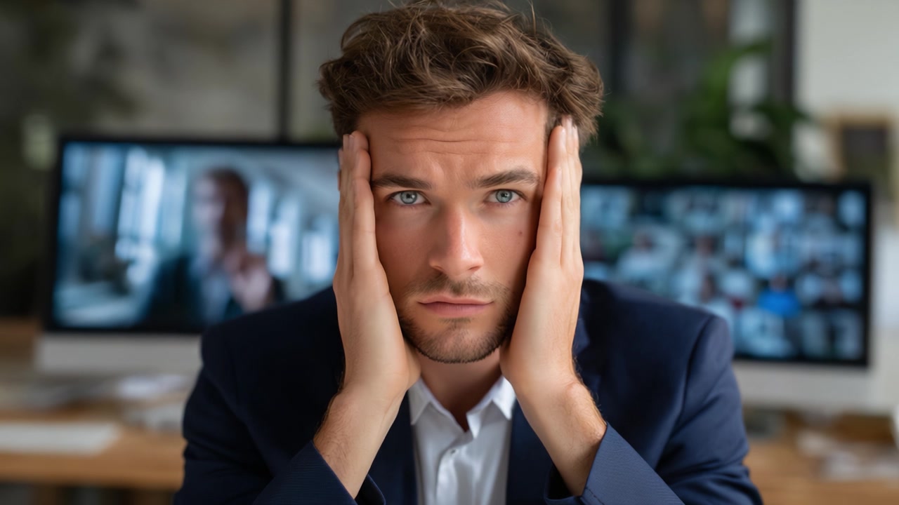 En stresset mand sidder på et kontor, holder sig til hovedet i frustration, omgivet af flere computerskærme, der viser forskellige billeder og videoer bag ham.