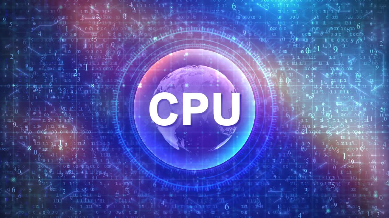 CPU Concept on Futuristic Cyberspace Background with HUD, Numbers, and Globe