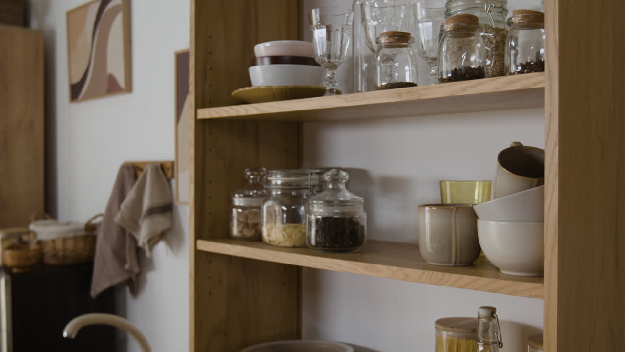 Kitchen Shelf with Jars and Bowls